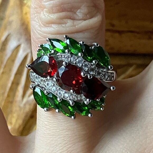 Vermelho Red Garnet Chrome Diopside Sterling Silver Cocktail Ring Size 6 - Picture 1 of 9